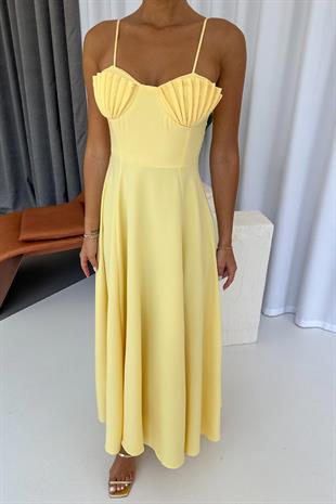 İstiridye Göğüs Detaylı Uzun Askılı Kadın Elbise - Sarı