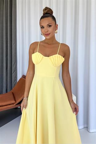 İstiridye Göğüs Detaylı Uzun Askılı Kadın Elbise - Sarı