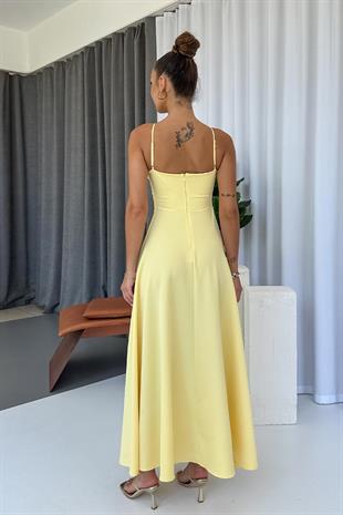 İstiridye Göğüs Detaylı Uzun Askılı Kadın Elbise - Sarı