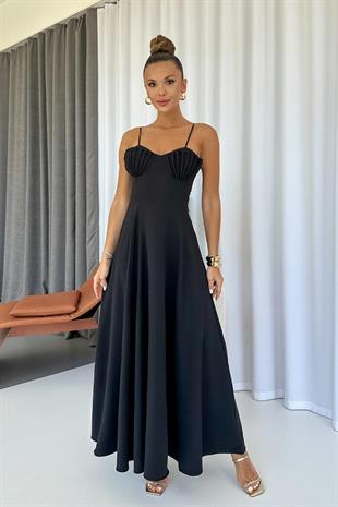 İstiridye Göğüs Detaylı Uzun Askılı Kadın Elbise - Siyah