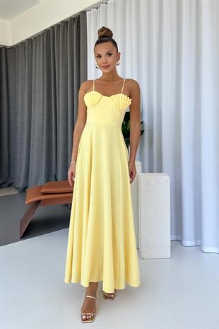 İstiridye Göğüs Detaylı Uzun Askılı Kadın Elbise - Sarı