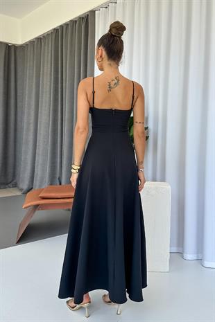 İstiridye Göğüs Detaylı Uzun Askılı Kadın Elbise - Siyah