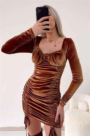 Kadife Büzgü Detay Merlynda Elbise - Camel