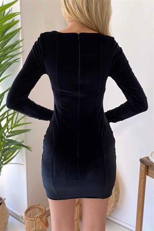 Kadife Büzgü Detay Merlynda Elbise - Siyah