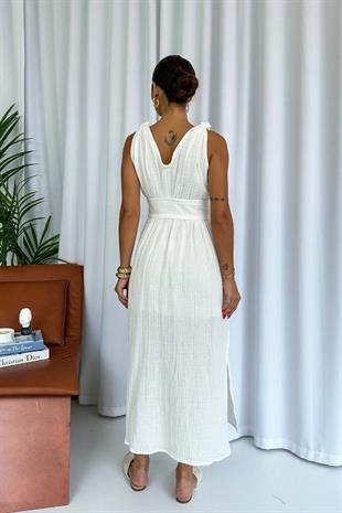 Kalın Askılı Kolsuz Cotton Kumaş Kadın Elbise - Beyaz