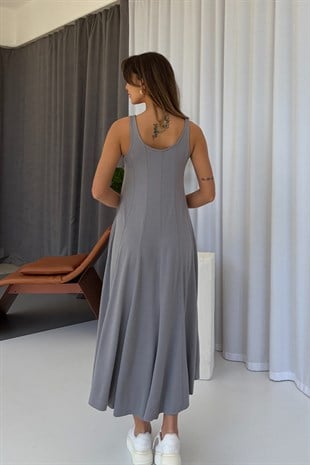 Kalın Askılı Modal Kumaş Kadın Midi Boy Elbise - Füme