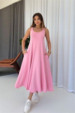 Kalın Askılı Modal Kumaş Kadın Midi Boy Elbise - Pembe