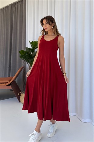 Kalın Askılı Modal Kumaş Kadın Midi Boy Elbise - Bordo
