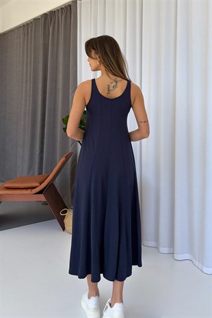 Kalın Askılı Modal Kumaş Kadın Midi Boy Elbise - Lacivert