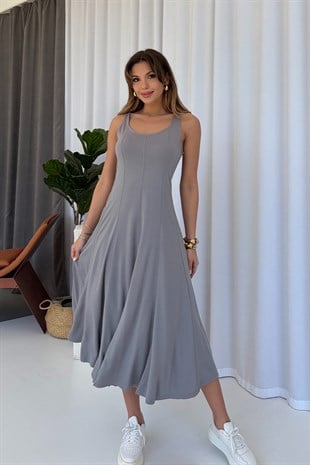 Kalın Askılı Modal Kumaş Kadın Midi Boy Elbise - Füme