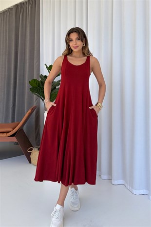 Kalın Askılı Modal Kumaş Kadın Midi Boy Elbise - Bordo
