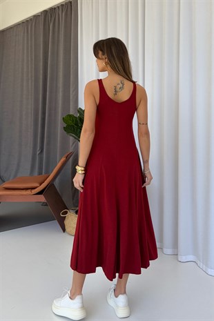 Kalın Askılı Modal Kumaş Kadın Midi Boy Elbise - Bordo