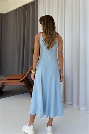 Kalın Askılı Modal Kumaş Kadın Midi Boy Elbise - Mavi