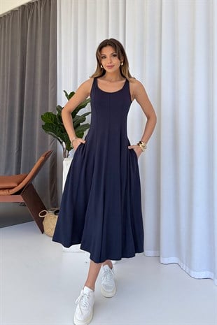 Kalın Askılı Modal Kumaş Kadın Midi Boy Elbise - Lacivert