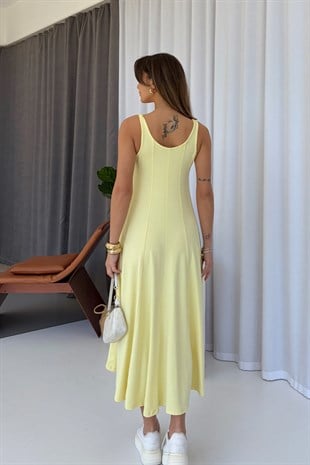 Kalın Askılı Modal Kumaş Kadın Midi Boy Elbise - Sarı