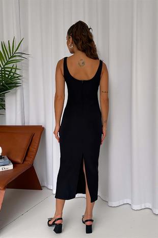 Kalın Askılı U Yaka Fermuarlı Midi Kadın Elbise - Siyah