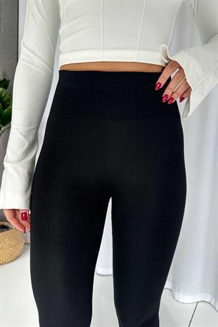 Kalın Kemerli Çelik Örme Kadın Toparlayıcı Tayt - Siyah