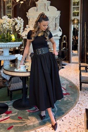 Kalın Kemerli Midi Kadın Etek - Siyah