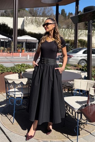 Kalın Kemerli Midi Kadın Etek - Siyah