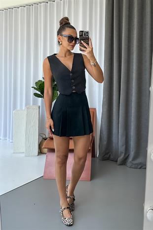 Kalın Pileli Etek - Siyah