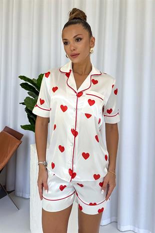 Kalp Desenli Şortlu Saten Pijama Takım - Beyaz