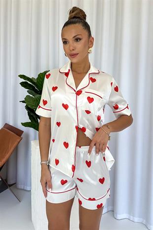Kalp Desenli Şortlu Saten Pijama Takım - Beyaz