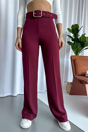 Kaplama Kemerli Krep Palazzo Kadın Pantolon - Bordo