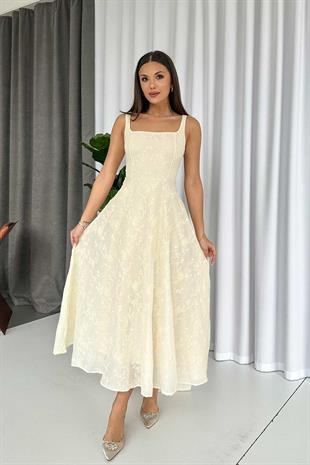 Kare Yaka Askılı Nakış Detay Elbise - Bej