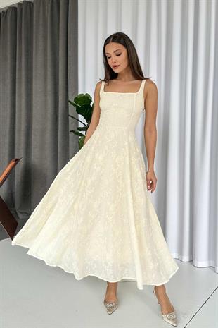 Kare Yaka Askılı Nakış Detay Elbise - Bej