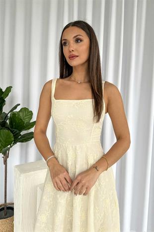 Kare Yaka Askılı Nakış Detay Elbise - Bej