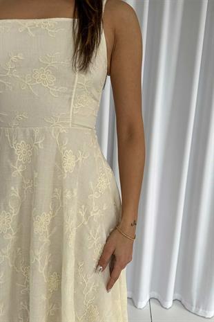 Kare Yaka Askılı Nakış Detay Elbise - Bej