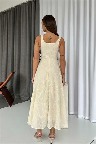 Kare Yaka Askılı Nakış Detay Elbise - Bej