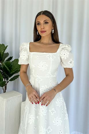 Kare Yaka Balon Kol Nakış İşlemeli Elbise - Beyaz