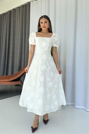 Kare Yaka Balon Kol Nakış İşlemeli Elbise - Beyaz