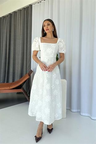 Kare Yaka Balon Kol Nakış İşlemeli Elbise - Beyaz