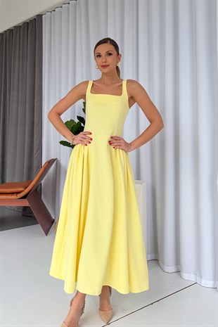Kare Yaka Etekleri Drape Detaylı Kadın Elbise - Sarı