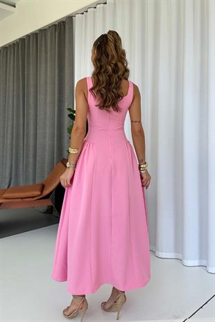 Kare Yaka Etekleri Drape Detaylı Kadın Elbise - Pembe
