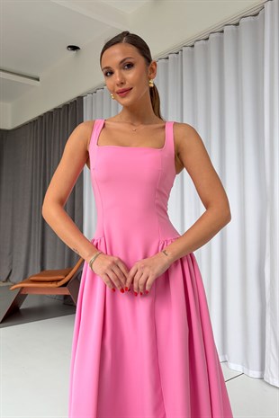 Kare Yaka Etekleri Drape Detaylı Kadın Elbise - Pembe
