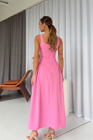Kare Yaka Etekleri Drape Detaylı Kadın Elbise - Pembe