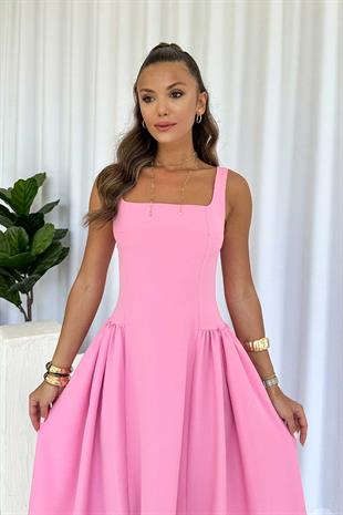 Kare Yaka Etekleri Drape Detaylı Kadın Elbise - Pembe
