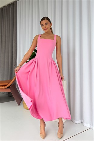 Kare Yaka Etekleri Drape Detaylı Kadın Elbise - Pembe