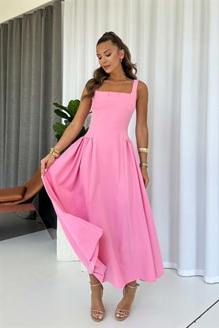 Kare Yaka Etekleri Drape Detaylı Kadın Elbise - Pembe