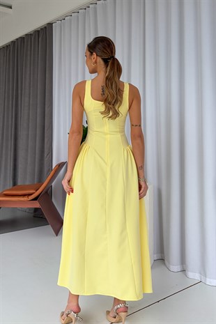 Kare Yaka Etekleri Drape Detaylı Kadın Elbise - Sarı