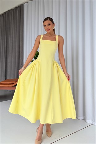 Kare Yaka Etekleri Drape Detaylı Kadın Elbise - Sarı