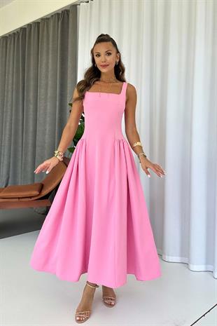 Kare Yaka Etekleri Drape Detaylı Kadın Elbise - Pembe