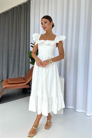 Kare Yaka Fırfır Detaylı Uzun Elbise - Beyaz