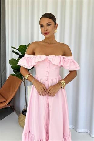 Kare Yaka Fırfır Detaylı Uzun Elbise - Pembe