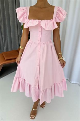 Kare Yaka Fırfır Detaylı Uzun Elbise - Pembe