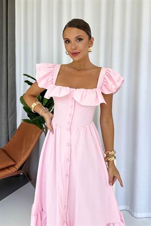 Kare Yaka Fırfır Detaylı Uzun Elbise - Pembe