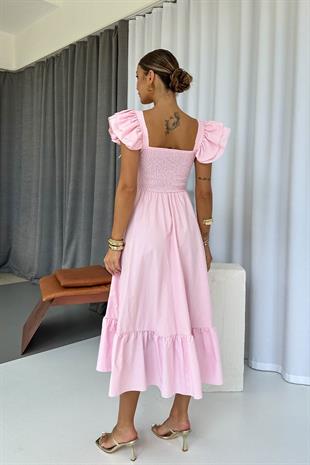 Kare Yaka Fırfır Detaylı Uzun Elbise - Pembe